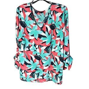 Talbots size 2X career blue coral floral casual 3/4 tie sleeve blouse shirt